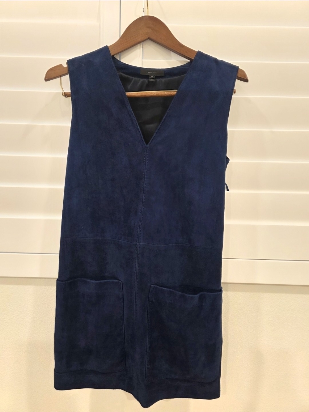 Belstaff Navy Sleeveless Suede Shift Dress with Pockets